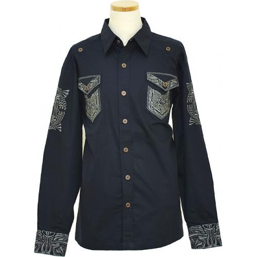 Prestige Navy With Silver Lurex Embroidery 100% Cotton Long Sleeve Casual Shirt COT-153